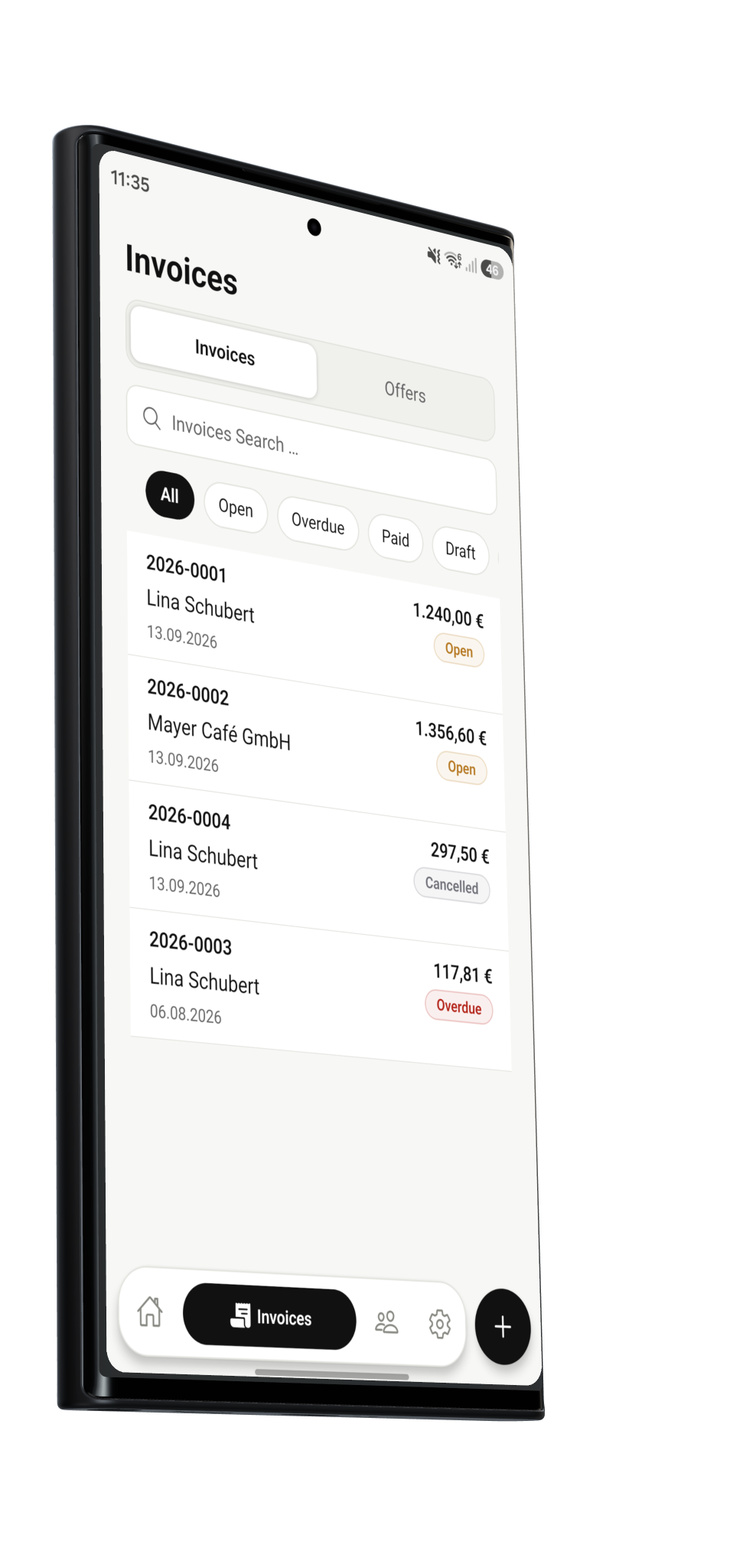 قائمة الفواتير في تطبيق Invoicy