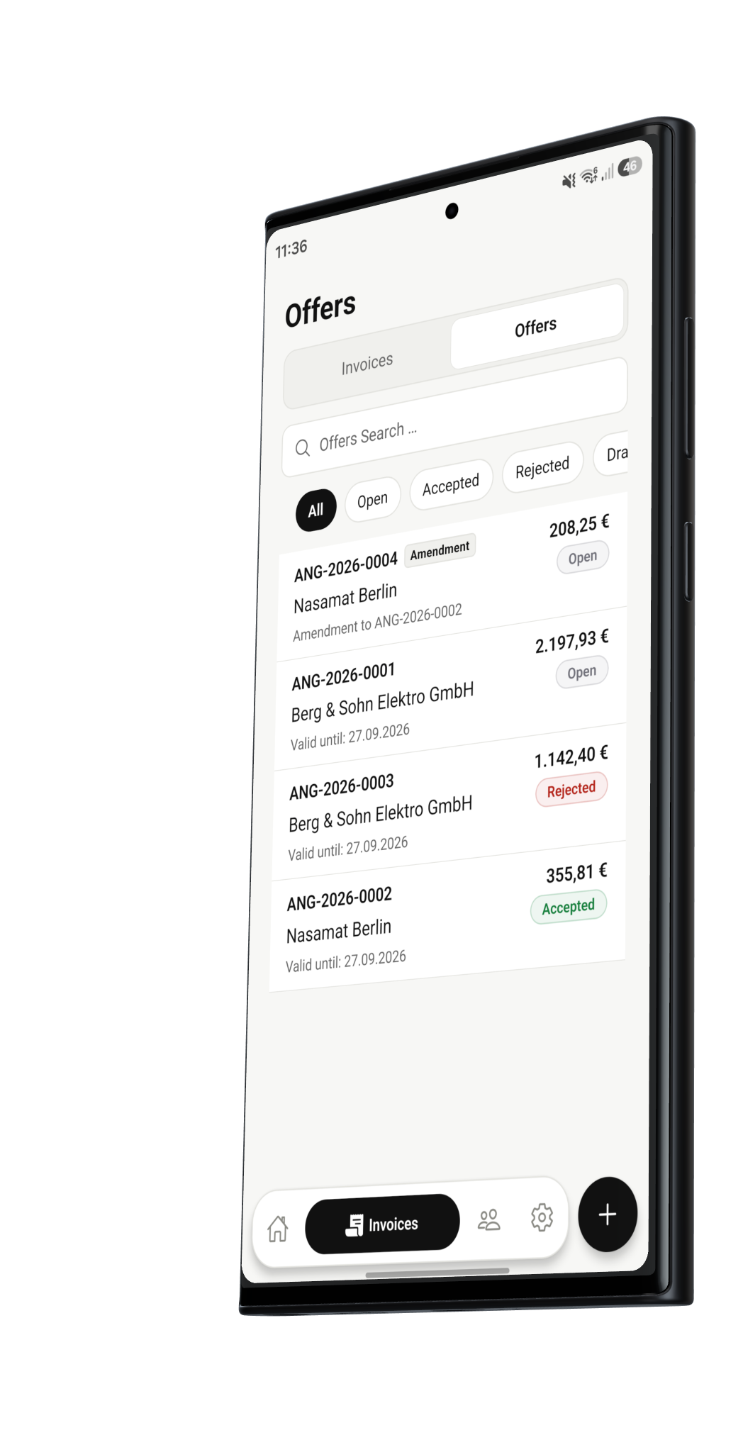 قائمة عروض الأسعار في تطبيق Invoicy
